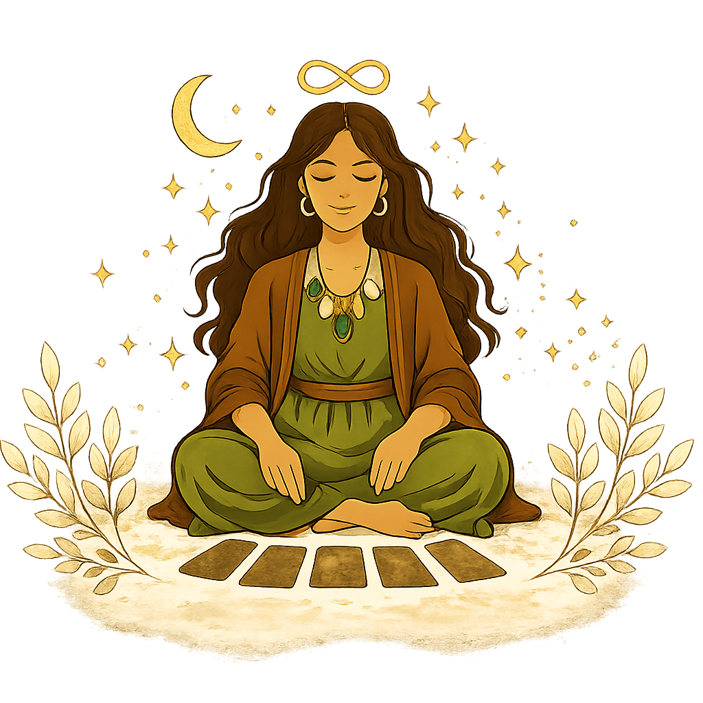 Illustration of a meditating spiritual guide surrounded by moon, stars, and leaves