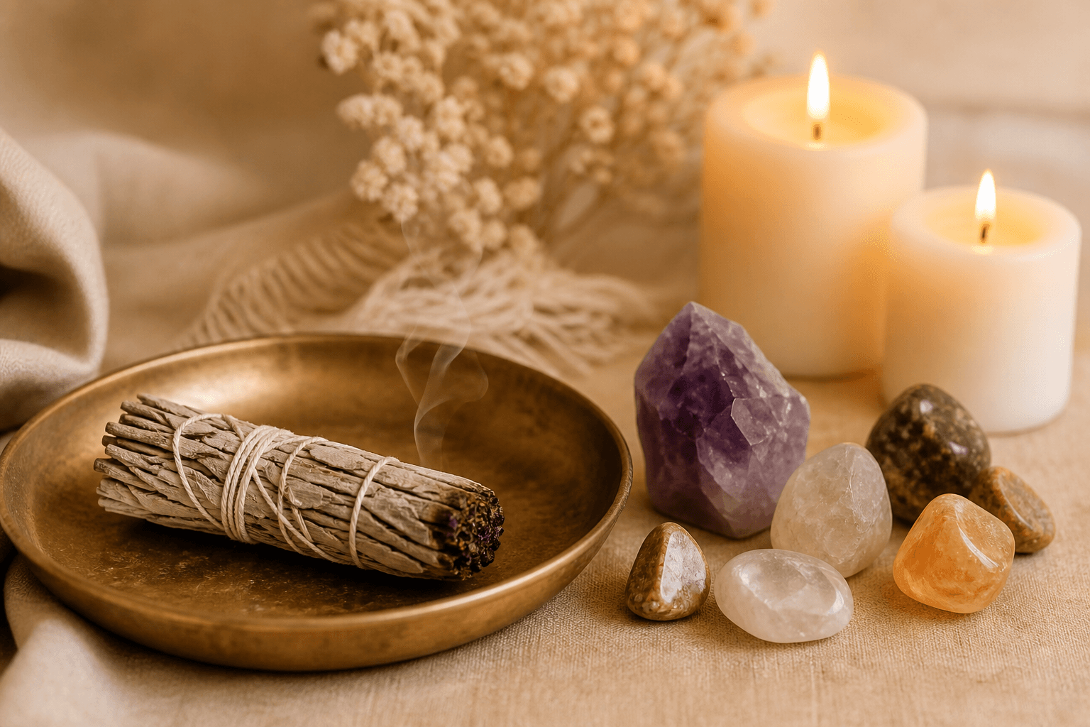Candles, sage, and crystals on a warm ritual table